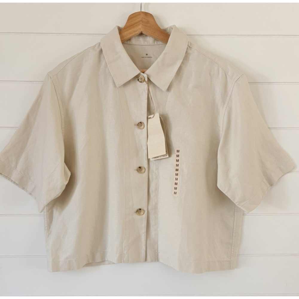 MUJI Hemp Cotton Twill Button Up Shirt Ivory Short Sleeve Boxy Cropped Sz M NWT
